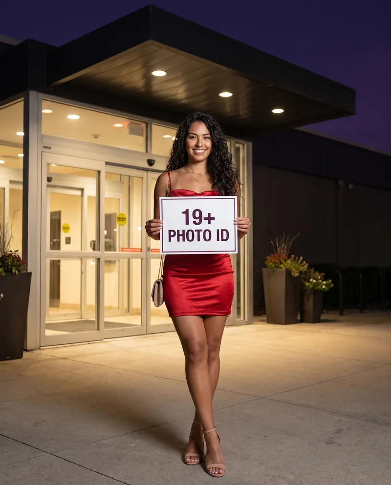 Generated picture of the same character outside the glass entrance doors of a low modern building at night, holding a white card that reads 19+ Photo ID.